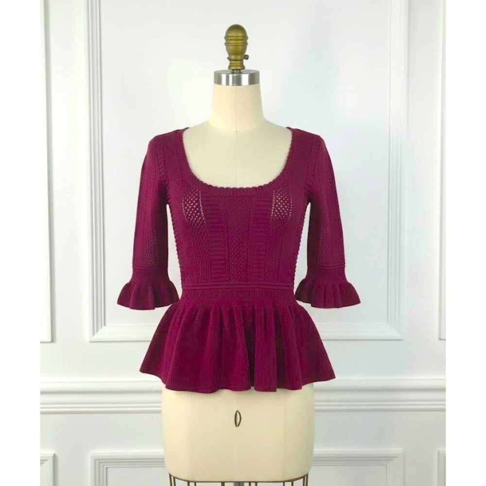 NWT Torn by Ronny Kobo KIMBERLY in Mauve Pointelle Textured Knit Peplum Top S